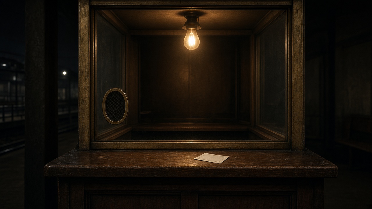 An empty ticket window at night